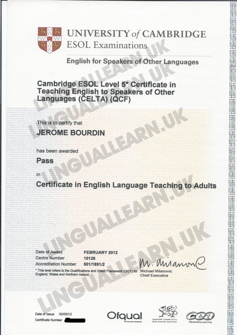 Certificate from the University of Cambridge in English Language Teaching to Adults.